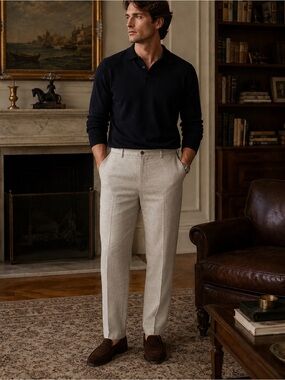 Fairlane Linen Cotton Stretch Natural Flat Front Slim Pants Men’s Lightweight